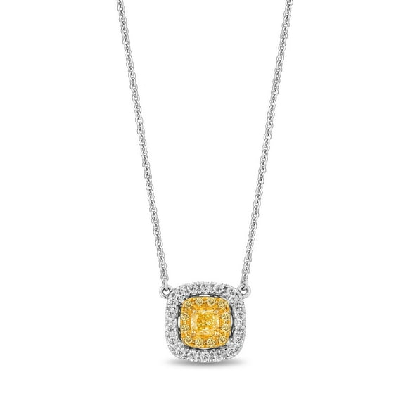 .58 CT. TW Cushion Cut Natural Yellow Halo Diamond Pendant in 18K Gold