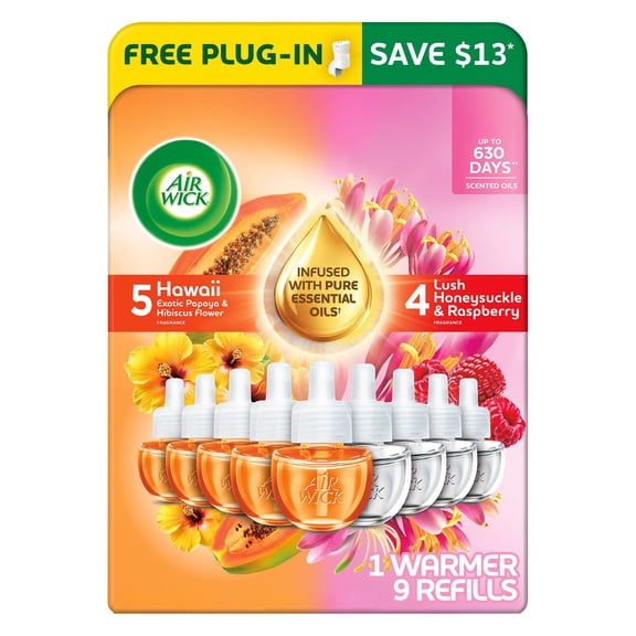 Air Wick Plug In Scented Oil Air Freshener, Hawaii Exotic Papaya & Hibiscus Flower + Lush Honeysuckle & Raspberry, Choose Pack
