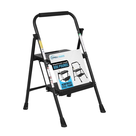 Simpli-Magic Black 2 or 3 Step Folding Ladder Options, ANSI Type III Certified 350 lb Capacity, Lightweight Steel Step Stool with Anti-Slip Wide Steps and Padded Handrail for Kitchen, Closet, Office, Garage