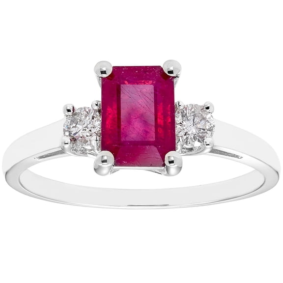 Emerald Cut Natural Gemstone & 0.20 CT. T.W. 3-Stone Diamond Ring in 14K Gold