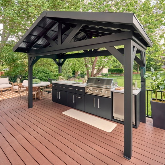 Range Covered Linear Outdoor Kitchen w/ Grill & Refrigerator