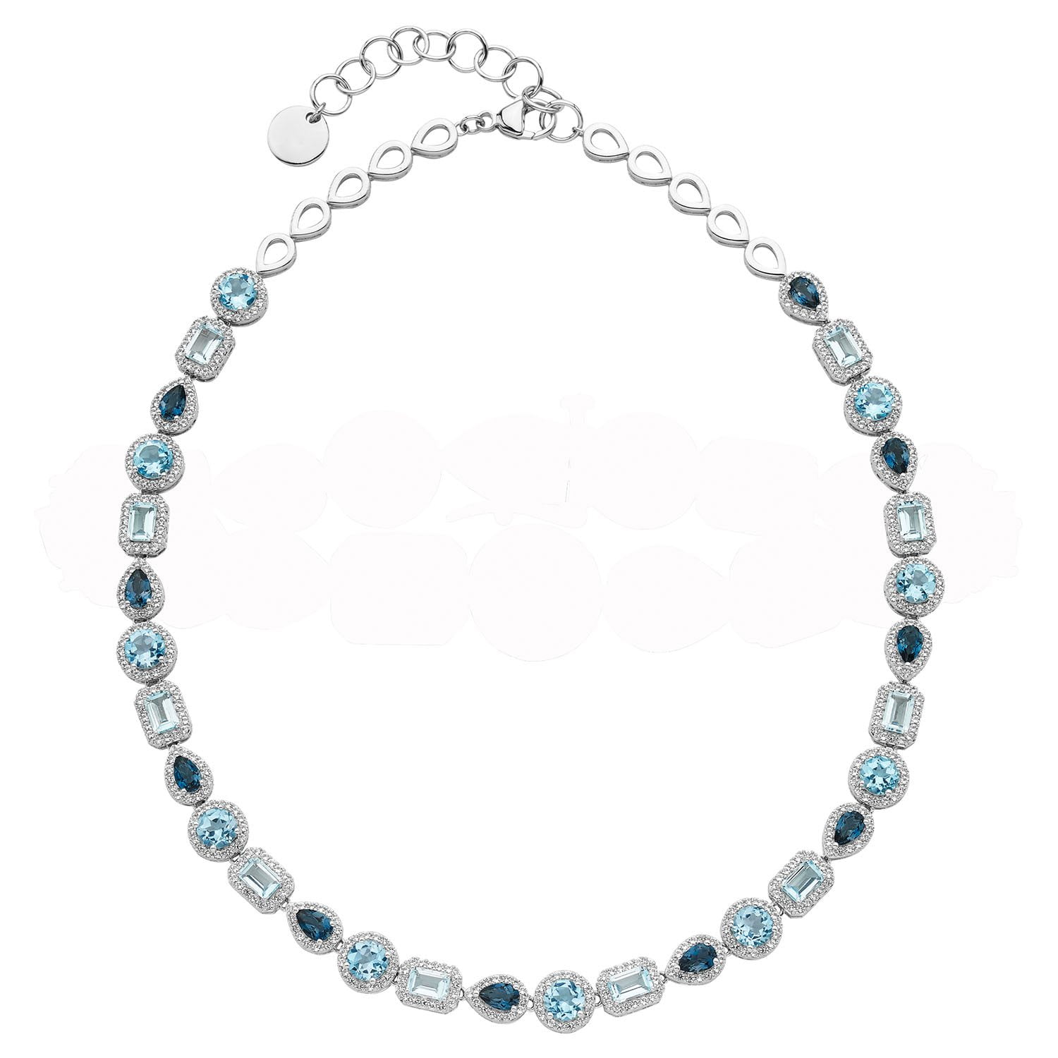 Multi-Cut Blue Topaz Halo Tennis Necklace in Sterling Silver