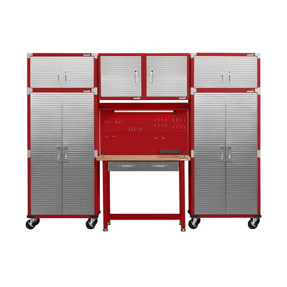 Seville Classics UltraHD 7-Piece Steel Garage Cabinet Storage Set With Pegboard Workbench, 10' Wide