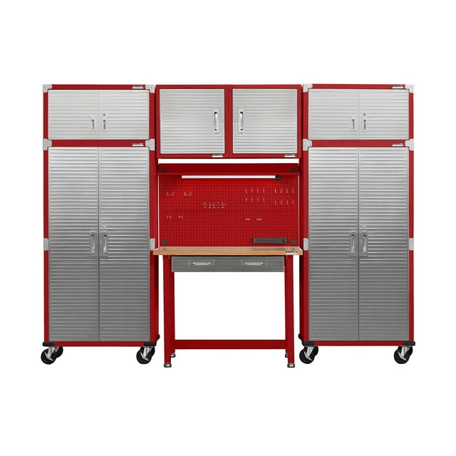 Seville Classics UltraHD 7-Piece Steel Garage Cabinet Storage Set With Pegboard Workbench, 10' Wide