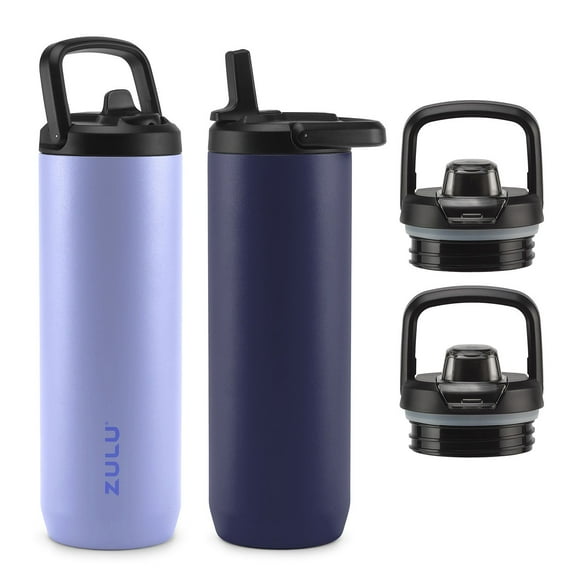 Zulu Base Stainless Steel Water Bottle with Lids., 2 Pack 24oz each, Includes 2 Extra Lids (Choose Color)