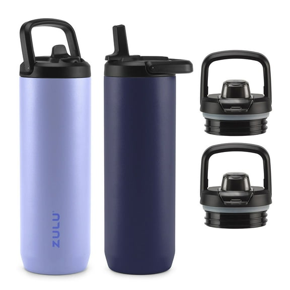 Zulu Base Stainless Steel Water Bottle with Lids., 2 Pack 24oz each, Includes 2 Extra Lids (Choose Color)