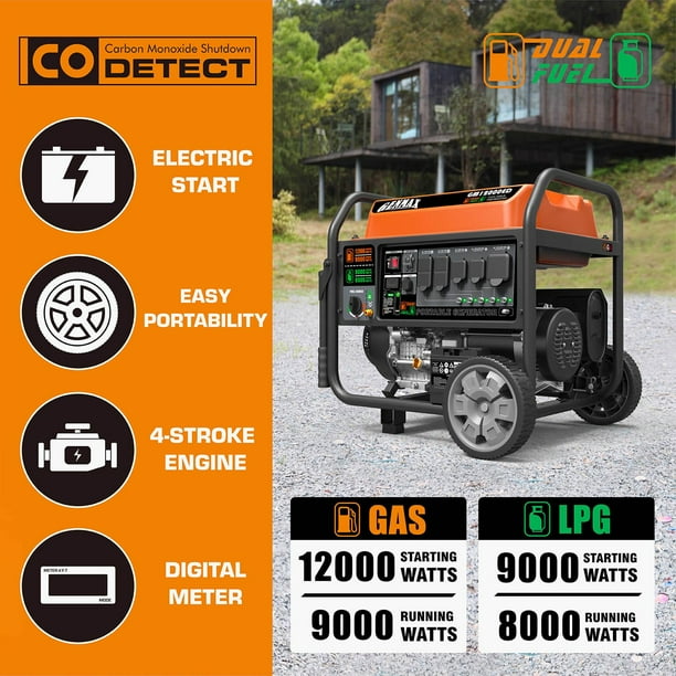 Genmax Portable Generator, 12000-Watt Dual Fuel Electric Start CO