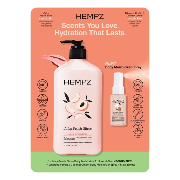 Pe-LOTION & Pe-CREAM セット　各2本ずつ Hempz Juicy Peach Lotion and Vanilla & Coconut Moisturizer Spray