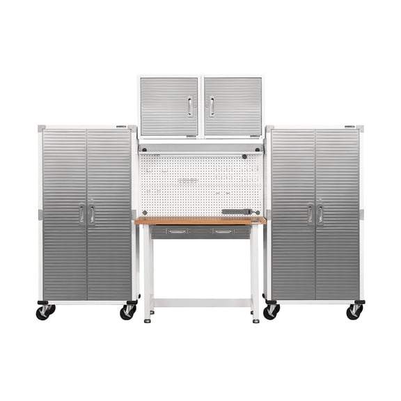 Seville Classics UltraHD 5-Piece Steel Garage Cabinet Storage Set With Pegboard Workbench, 10' Wide