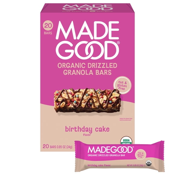 MadeGood Birthday Cake Drizzled Bars, 0.85 oz., 20 pk.