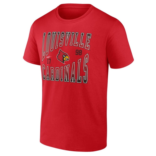 ncaa short sleeve tee Cream crew-neck team apparel shown in a centered 3/4 front view, classic fit short sleeves and lightweight cotton-poly blend (140gsm); Louisville Cardinals screen print with team logo and block lettering on chest, suitable for game-day layering.