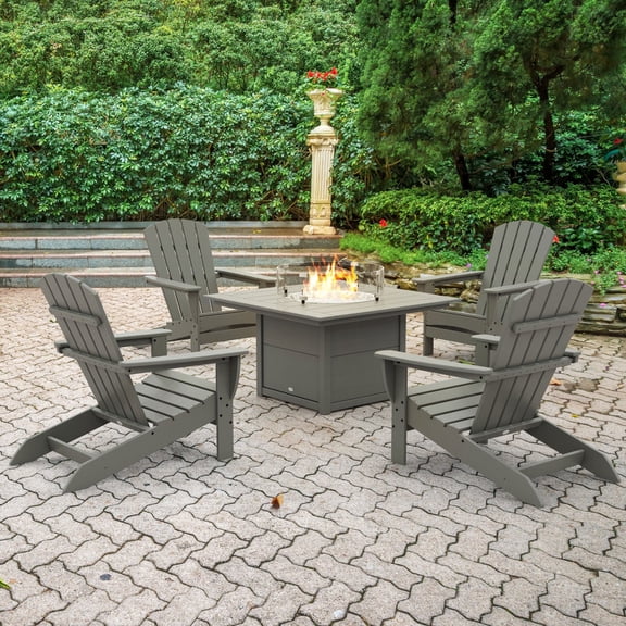 POLYWOOD Gulf Shores Adirondack Conversation Set with Fire Pit Table, 5pc