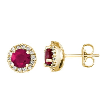 Round Cut Gemstone & 0.28 CT. T.W. Halo Diamond Stud Earrings in 14K Gold