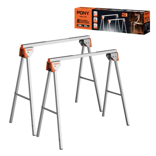 PONY Folding Sawhorse Set, 2-Piece, Clamp-Ready Top Rail