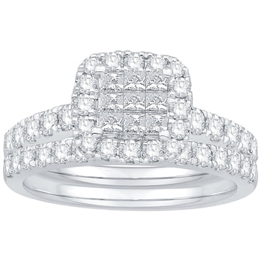 1.17 CT. T.W. Princess Cut Halo Diamond Ring & Band in 14K Gold