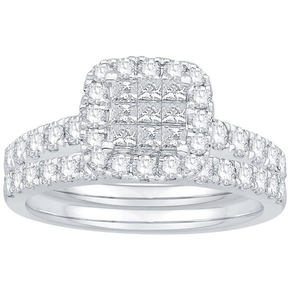 1.17 CT. T.W. Princess Cut Halo Diamond Ring & Band in 14K Gold