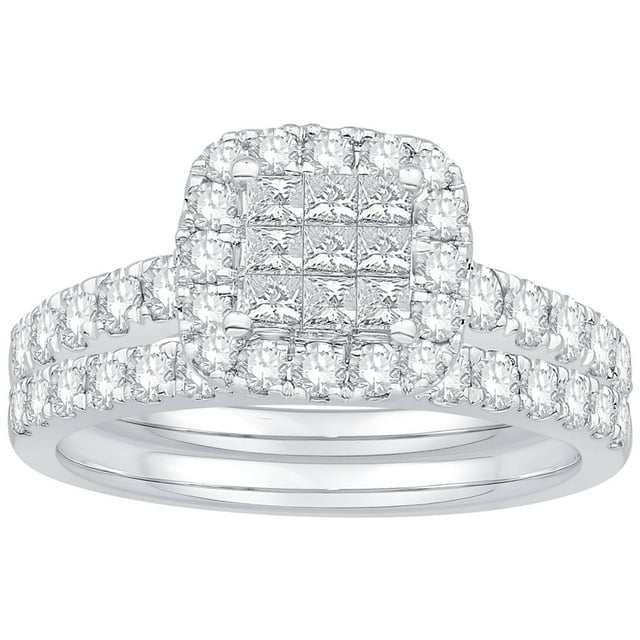 1.17 CT. T.W. Princess Cut Halo Diamond Ring & Band in 14K Gold
