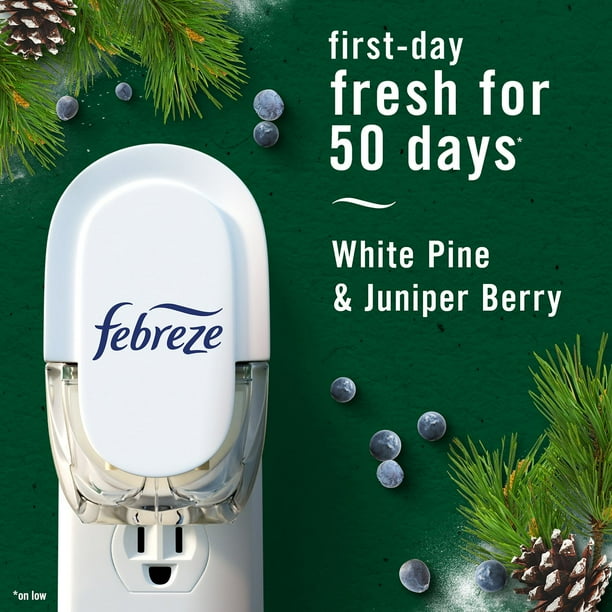 Febreze PLUG Air Freshener, White Pine & Juniper Berry & Serene Snowfall  Holiday Scents, 1 Warmer + 5 Refills, 4.35 fl. oz