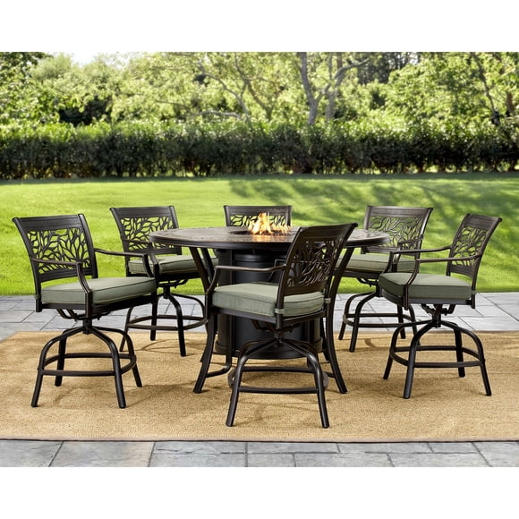 Member's Mark Savannah Round High Patio Fire Dining Set with Sunbrella Fabric, 7pc