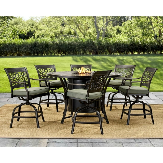 Member's Mark Savannah Round High Patio Fire Dining Set with Sunbrella Fabric, 7pc