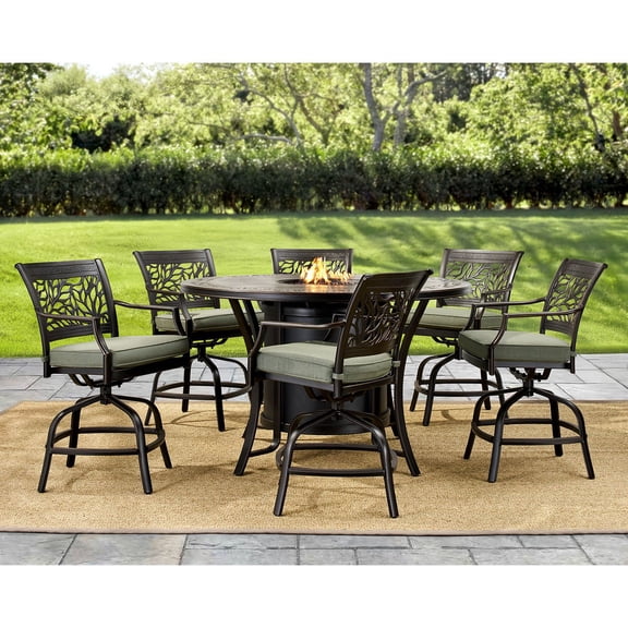 Member's Mark Savannah Round High Patio Fire Dining Set with Sunbrella Fabric, 7pc