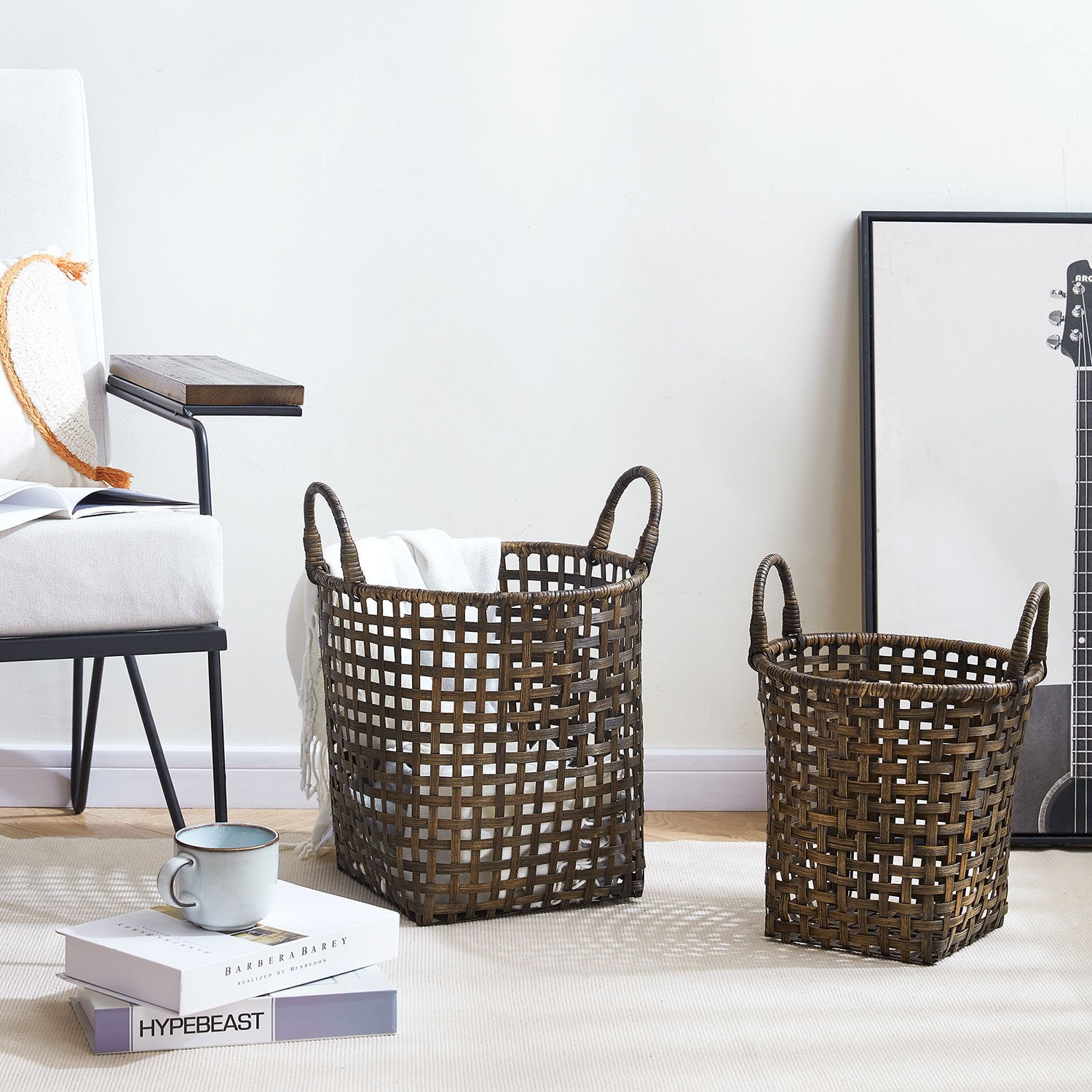 Baskets Open Crosshatch Weave Bamboo with Ear Handles, Set