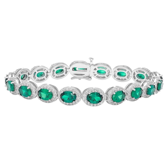 Oval Cut Gemstone Halo Tennis Bracelet in Sterling Silver