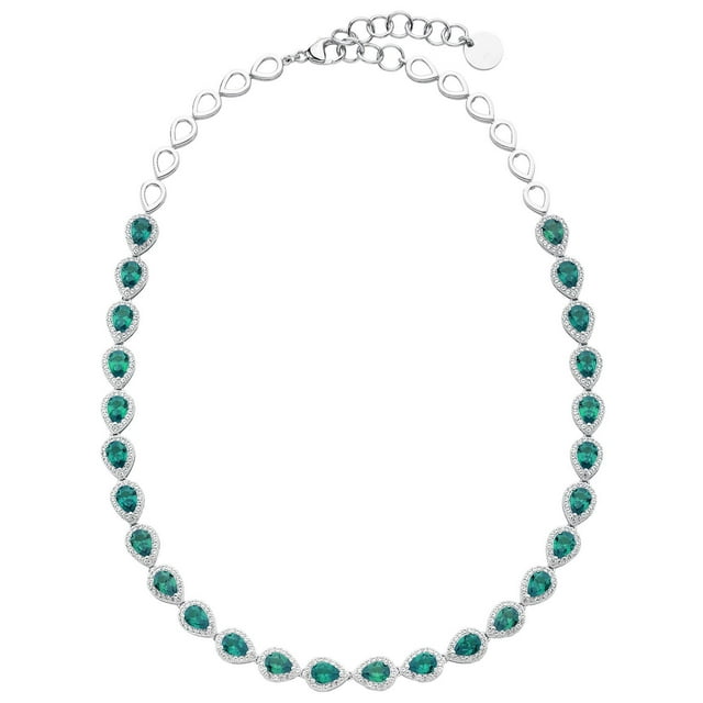 Pear Cut Lab Created Gemstone Halo Tennis Necklace in Sterling Silver