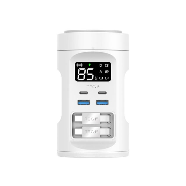 Tech Squared Power Tower with Qi2 Wireless Charging and Retractable Cords