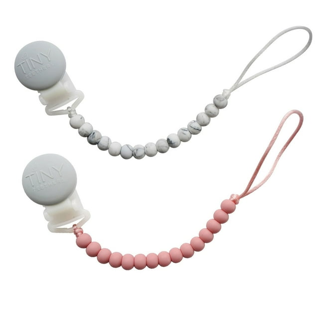 Tiny Teethers Designs, Signature Silicone Baby Beaded Pacifier Clip Teether, Marble and Rose, 2 pk.