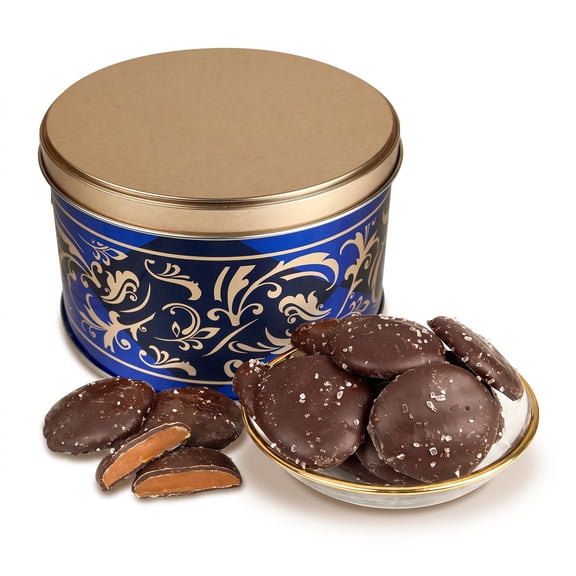 Dark Chocolate Caramel Caps with Sea Salt Gift Tin 26 oz.