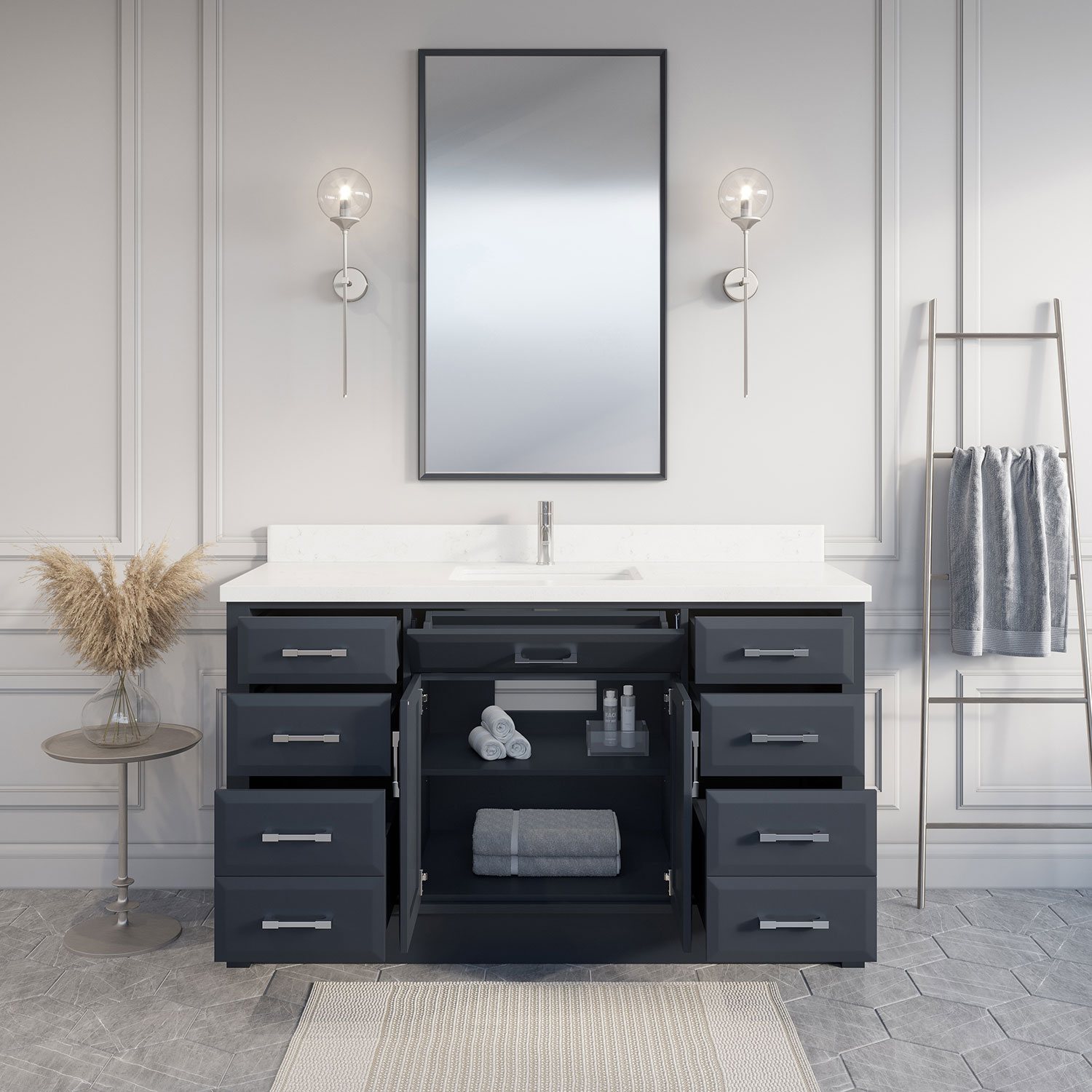 Wide view of navy vanity
