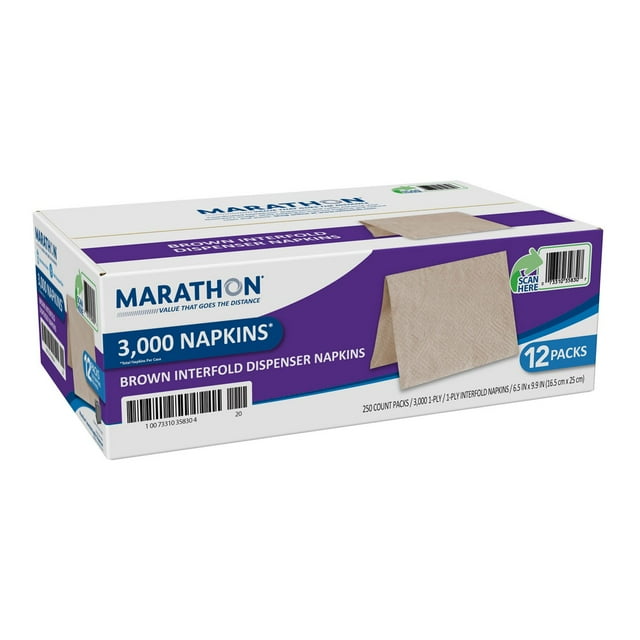 Marathon Interfold 1-Ply Napkins, Brown, 3000 Per Case (250 napkins/pk., 12 pk.)
