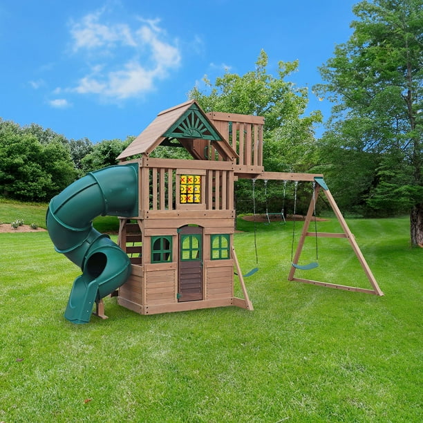Gorilla Playsets Alpine Adventure Wooden Swing Set with Tube Slide