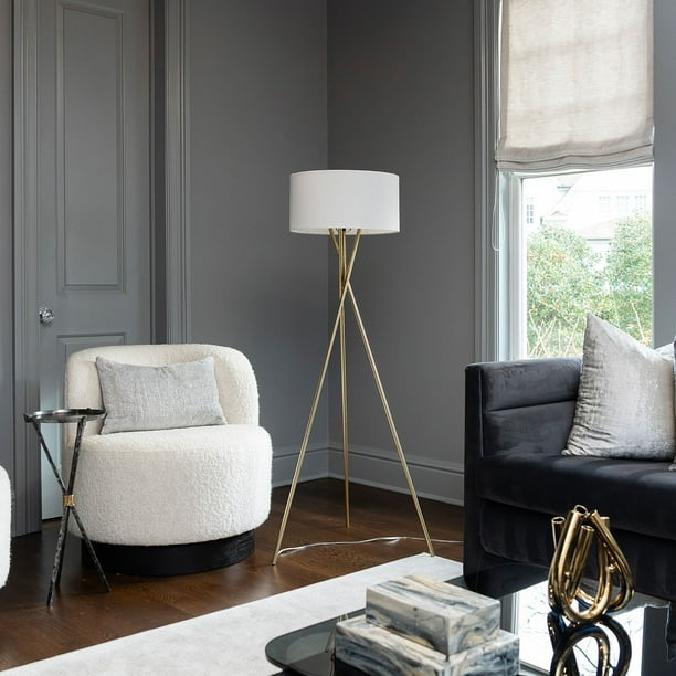 LAMPz® 58in Tripod Floor Lamp with White Linen Shade, Black or