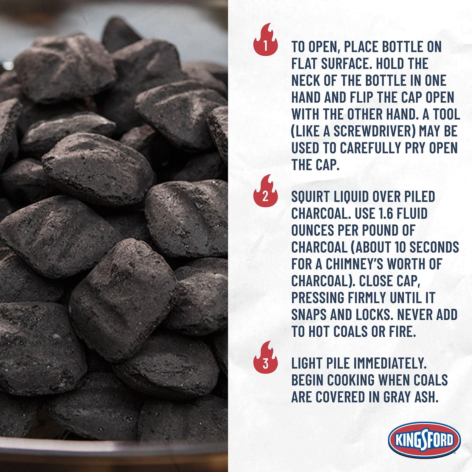 charcoal lighter fluid application technique on cold coals, Kingsford brand