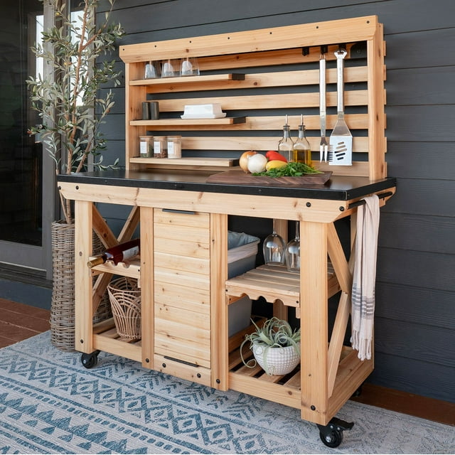 Backyard Discovery 48" Cedar Buffet Hutch Serving Station with Steel Countertop