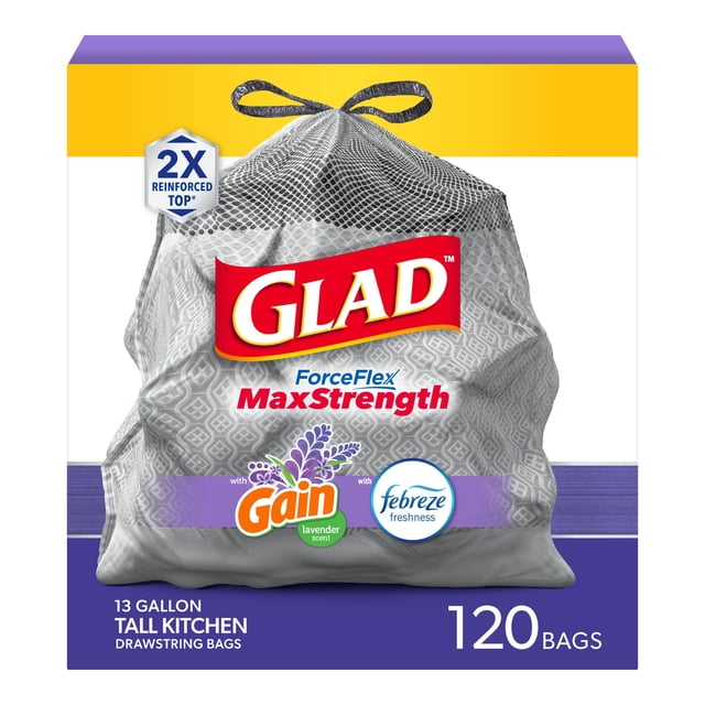Glad ForceFlex MaxStrength Tall Kitchen Drawstring Trash Bags, Gain Lavender with Febreze Freshness, 13 Gallon, 120 ct.