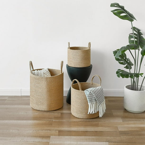 【 think of things】CIRCLE BASKET GREEN We Think Storage Round Jute Storage Basket with Handle, Set of 3