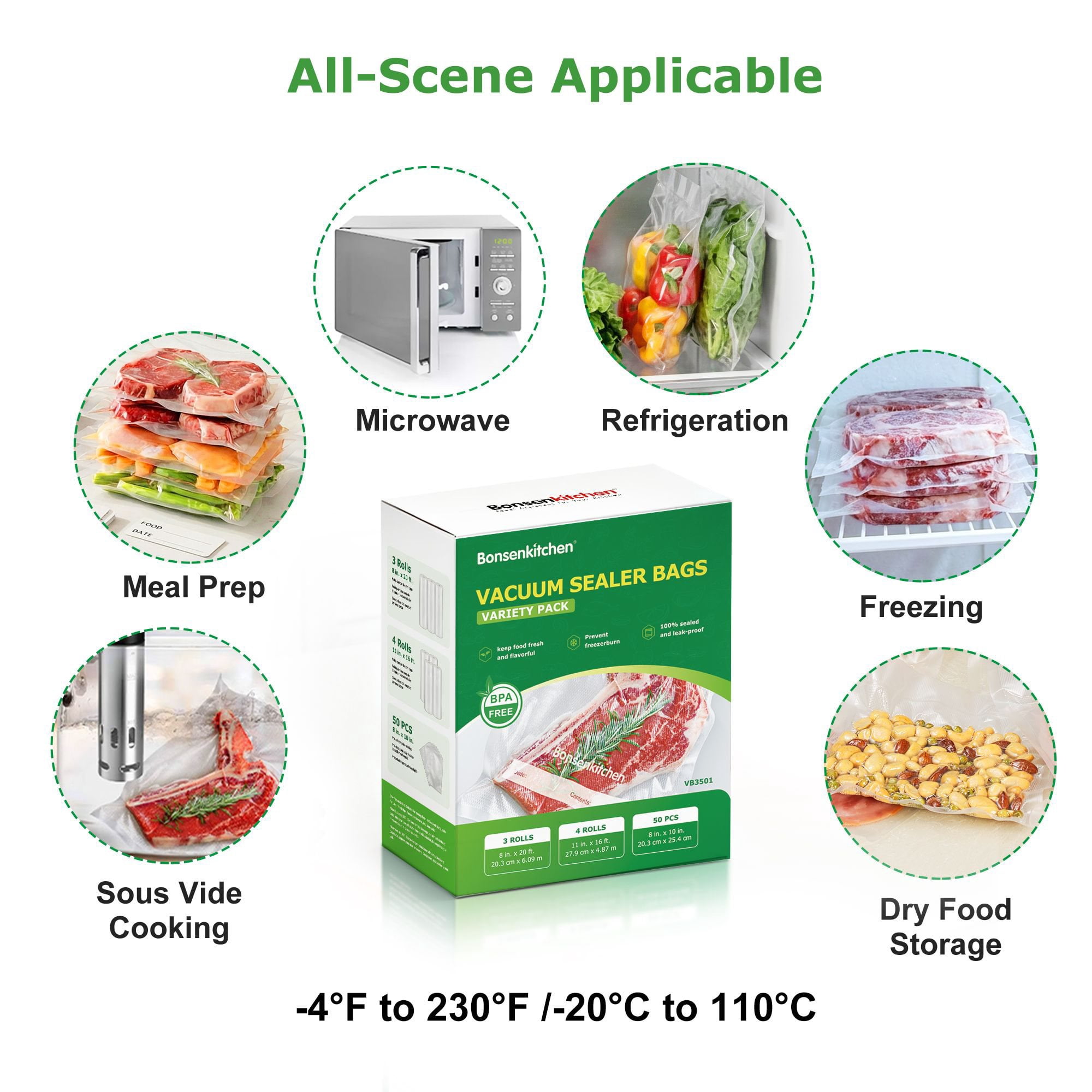 Bonsenkitchen Vacuum Sealer Bag Variety Pack, 7 Rolls & 50 Precut