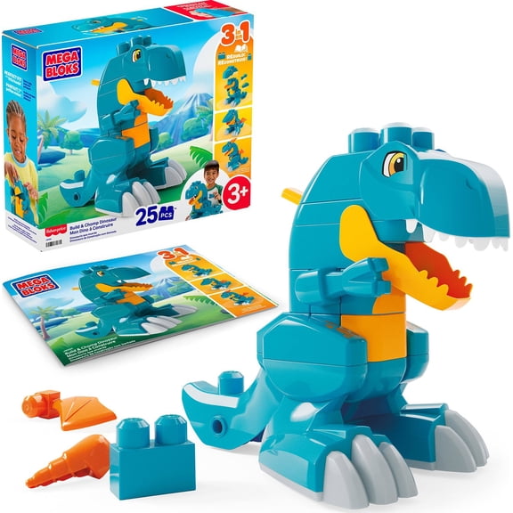 MEGA BLOKS Fisher-Price Build & Chomp Dinosaur T-Rex Block Toy with Rolling Wheels, 25 pc.