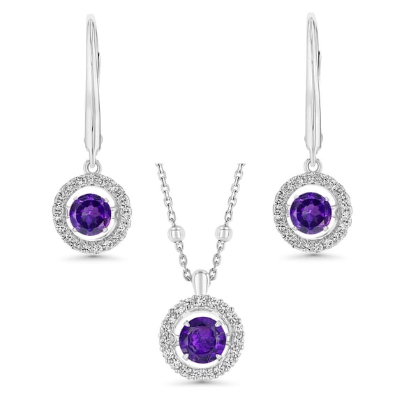 Round Cut Lab Created Gemstone Dancing Pendant & Earring Set in Sterling Silver