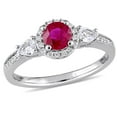 thumbnail image 1 of Ruby & White Sapphire with Diamond Accent 3-Stone Halo Ring in 14K Gold, 1 of 7