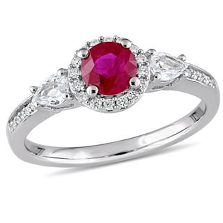 Ruby & White Sapphire with Diamond Accent 3-Stone Halo Ring in 14K Gold