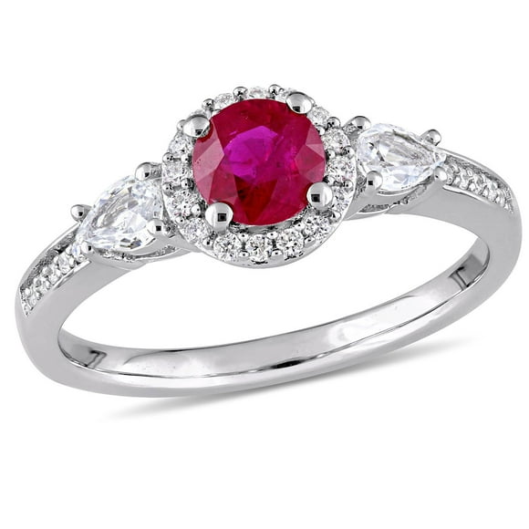 Ruby & White Sapphire with Diamond Accent 3-Stone Halo Ring in 14K Gold
