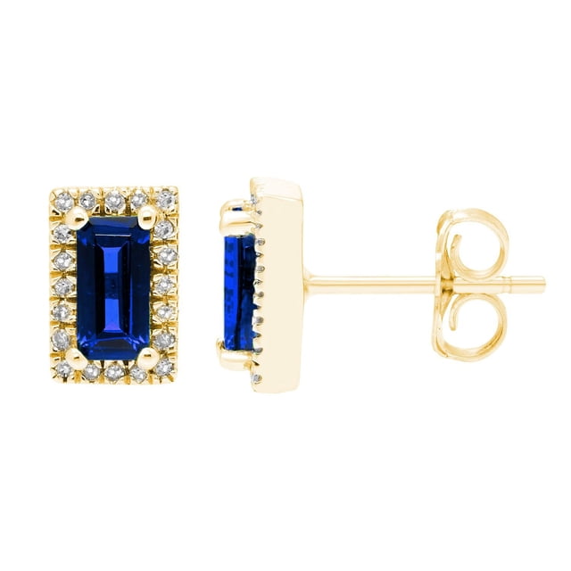 Baguette Cut Gemstone & 0.12 CT. TW Diamond Stud Halo Earrings in 14K Gold
