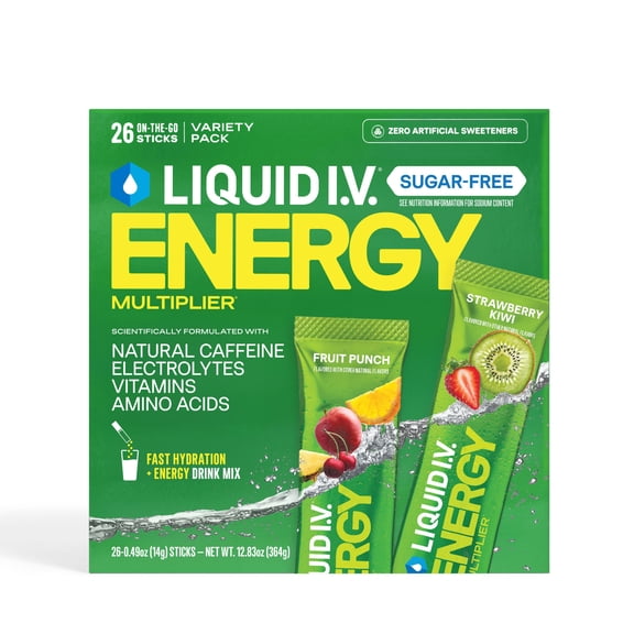 Liquid I.V. Energy Multiplier Sugar-Free Electrolyte Powder Variety Pack, Fruit Punch and Strawberry Kiwi, 26 pk.