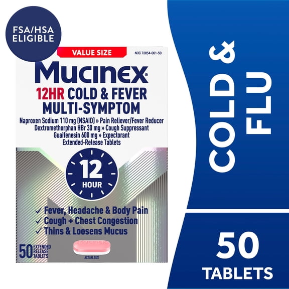 Mucinex 12 Hour Cold and Flu Medicine for Adults, 50 Tablets