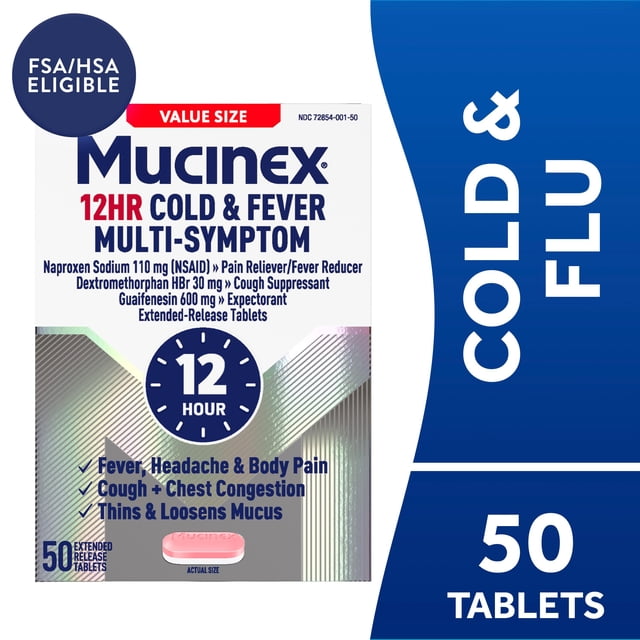 Mucinex 12 Hour Cold and Flu Medicine for Adults, 50 Tablets