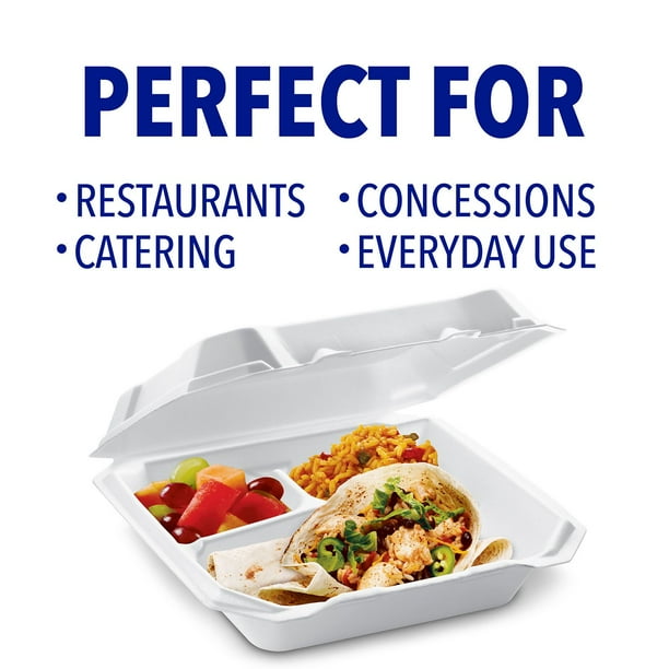 Hefty Supreme Foam Hinged Lid Container, 3-Compartment 125 ct